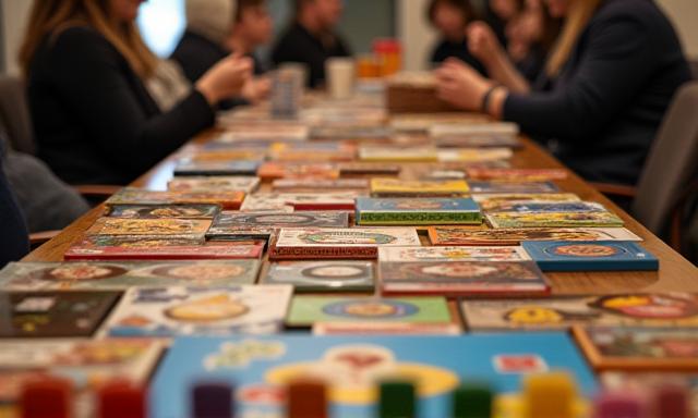 Ein Tisch voller verschiedener Brettspiele und Snacks bei einem offenen Spieletreff