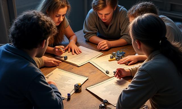 Eine Gruppe Abenteurer um einen Tisch mit Charakterbögen und Würfeln