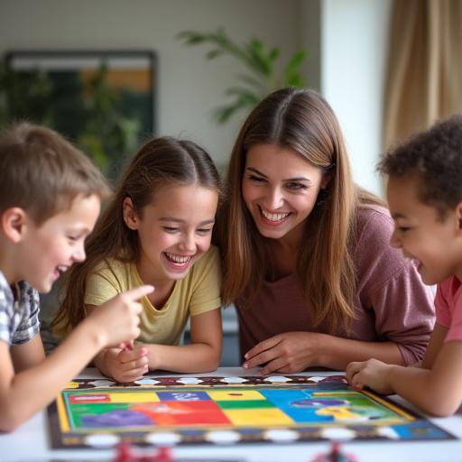 Eine Familie mit Kindern, die gemeinsam ein buntes Familienspiel spielt