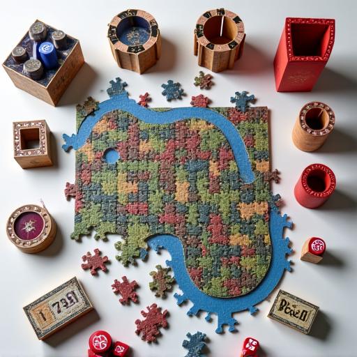 Ein fast fertiges Puzzle und diverses Spielezubehör wie Würfeltürme und Kartenhüllen