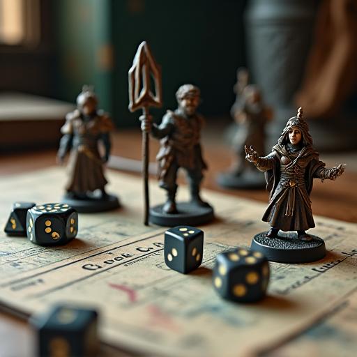 Detailreich bemalte Fantasy-Miniaturen neben polyedrischen Würfeln