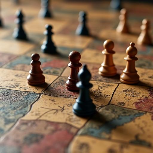 Nahaufnahme von komplexen Spielsteinen auf einem Strategie-Spielbrett