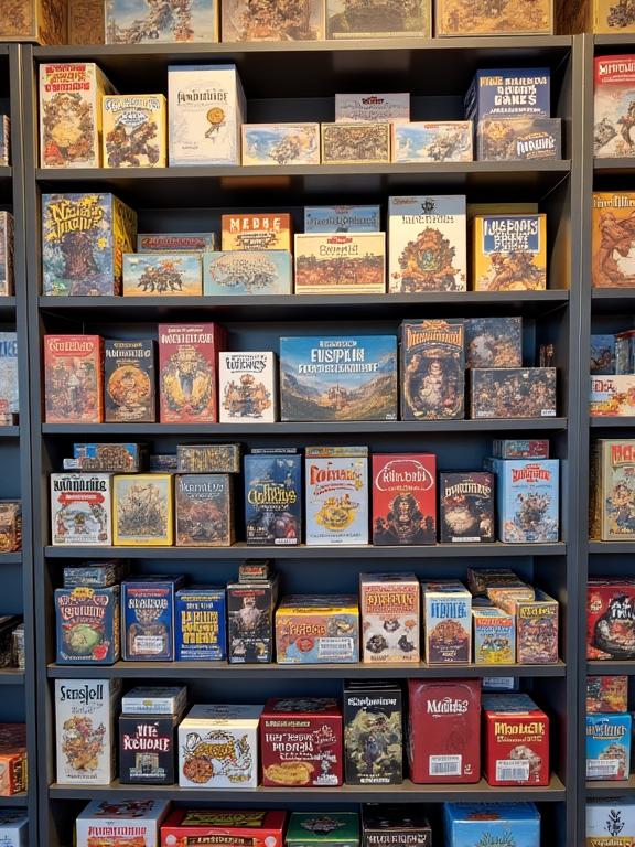 Ein gut gefülltes Regal mit Brettspielen, die für den Verleih zur Verfügung stehen